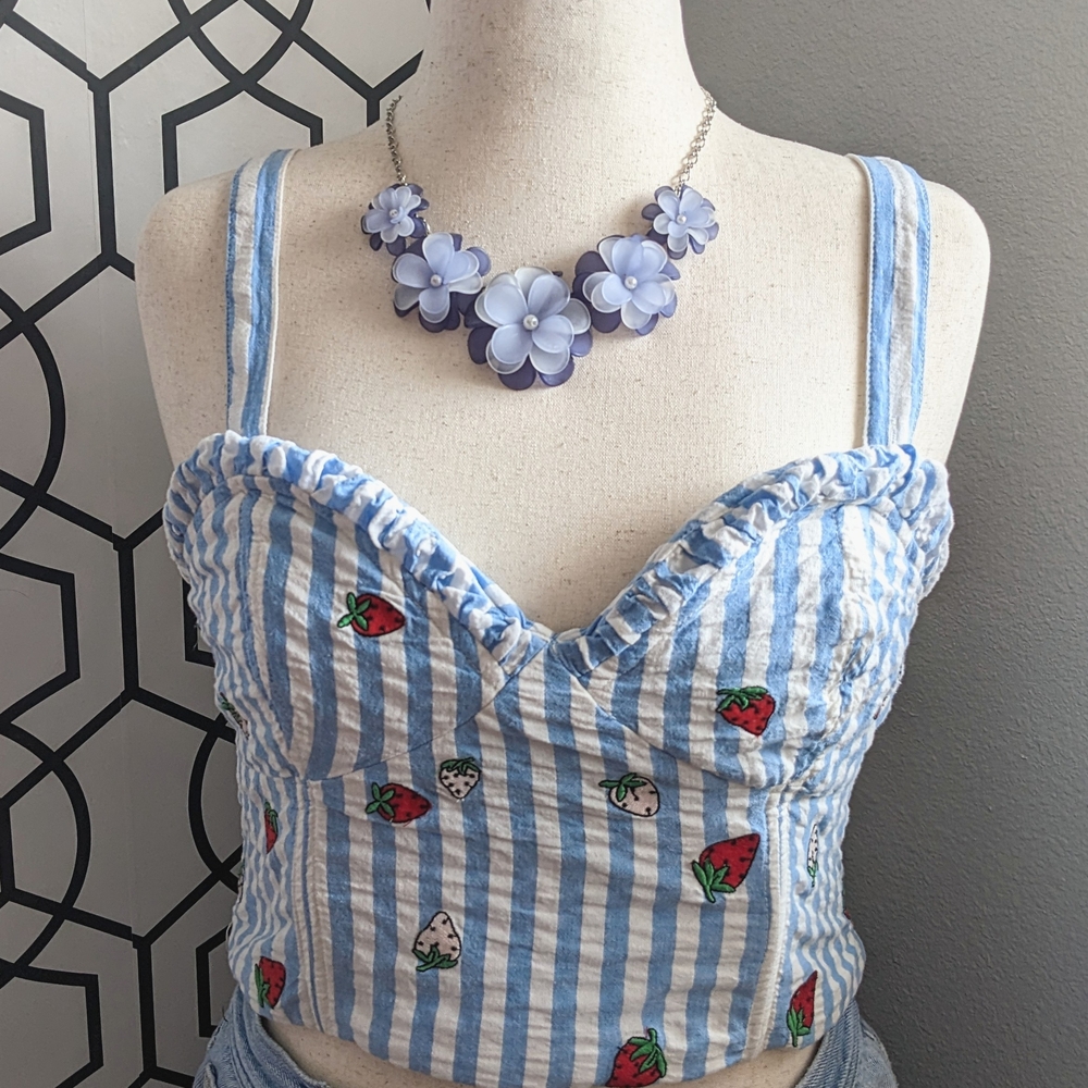 🍓 Maeve (Anthropologie) Blue and White Striped Crop Top with Strawberry Print🍓